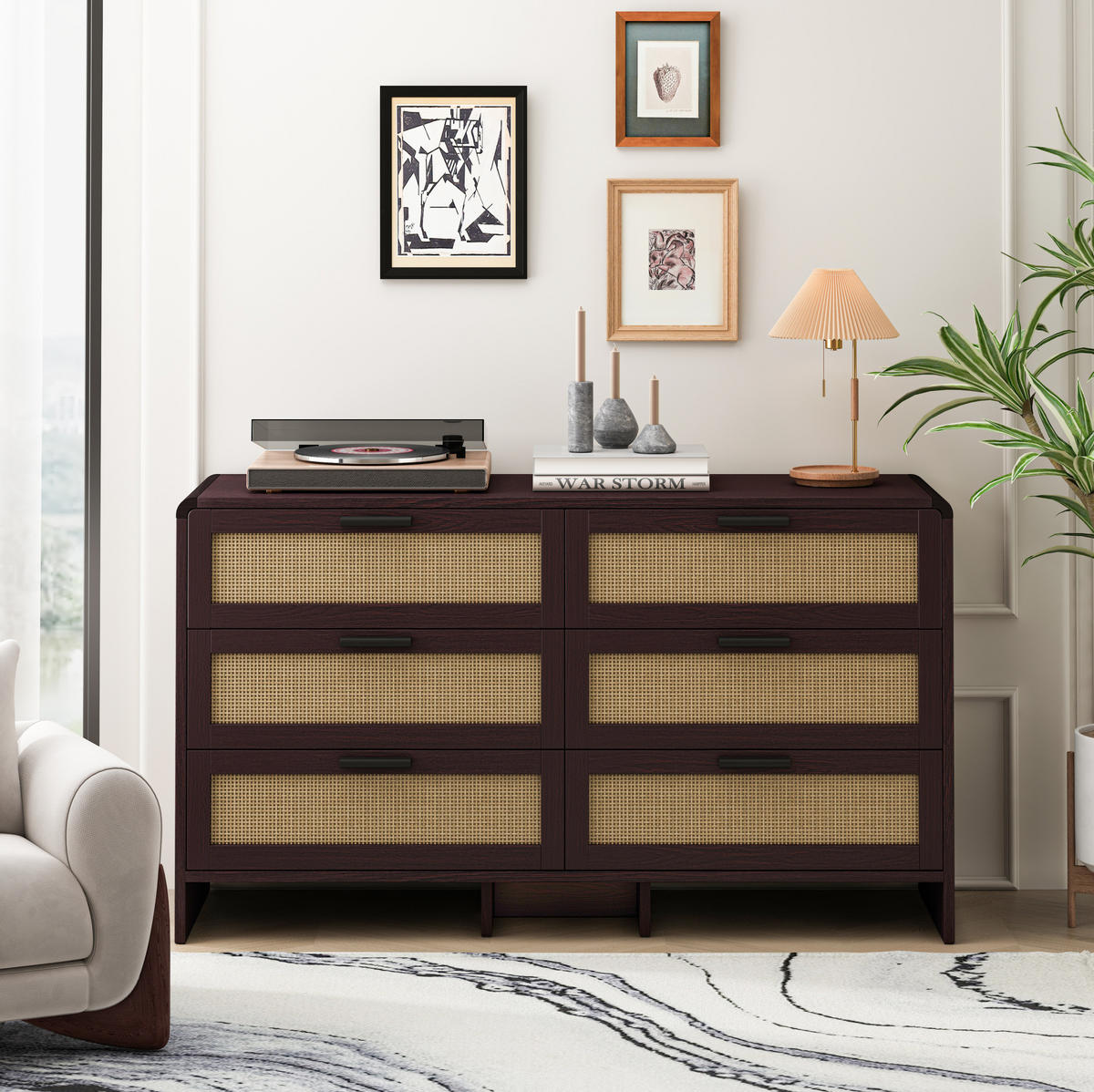 KOMMODE 130 cm Rotbraun aus Holzwerkstoff mit Rattangeflecht - Braun, Holzwerkstoff (40/74/130cm) - OKMYHOME
