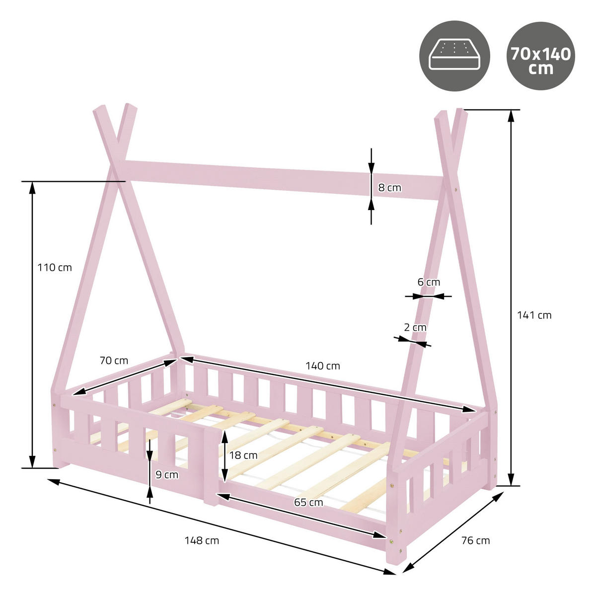 KINDERBETT Tipi 70x140 cm Rosa - Pink, Holz (70/140cm) - ML-DESIGN