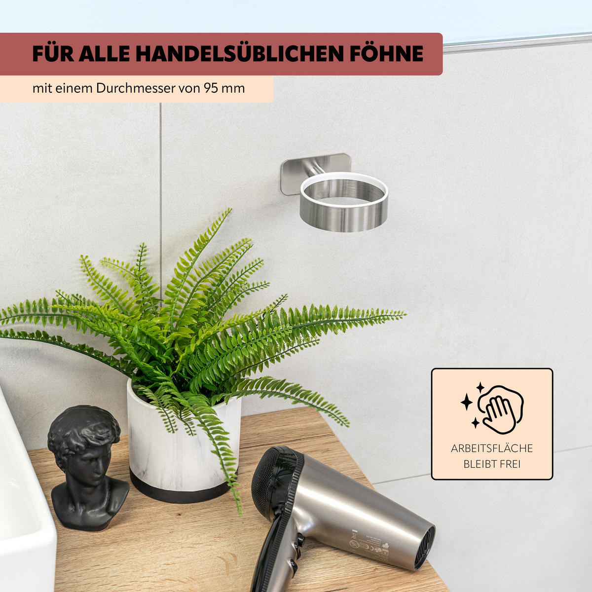 FÖHNHALTER PIAZZA TAPE, Edelstahl, matt - Edelstahlfarben, Metall (10/4.5/14.5cm) - bremermann