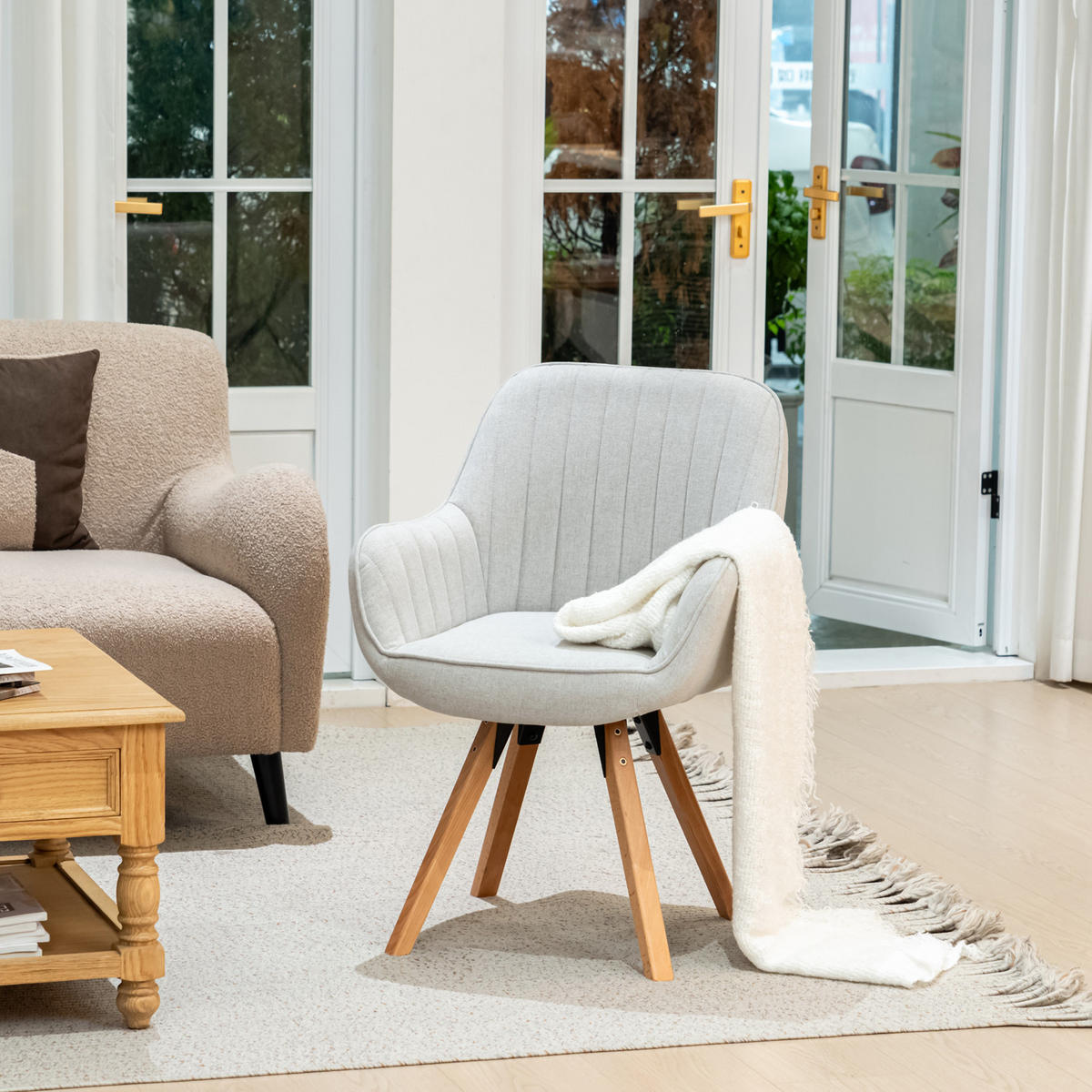 ARMLEHNSTUHL drehbar in Webstoff - Beige/Kernbuche, Holz/Textil (57/83/56cm) - Meubles Cosy