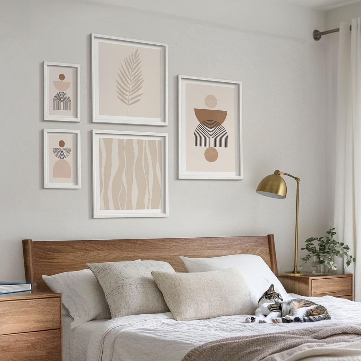 WANDBILDER 5er-Set - 50x50 cm & 20x30 cm & 40x60 cm Weißer Rahmen - Abstrakte Formen braun beige - Weiß, Kunststoff (40/60cm) - ArtPrintCave