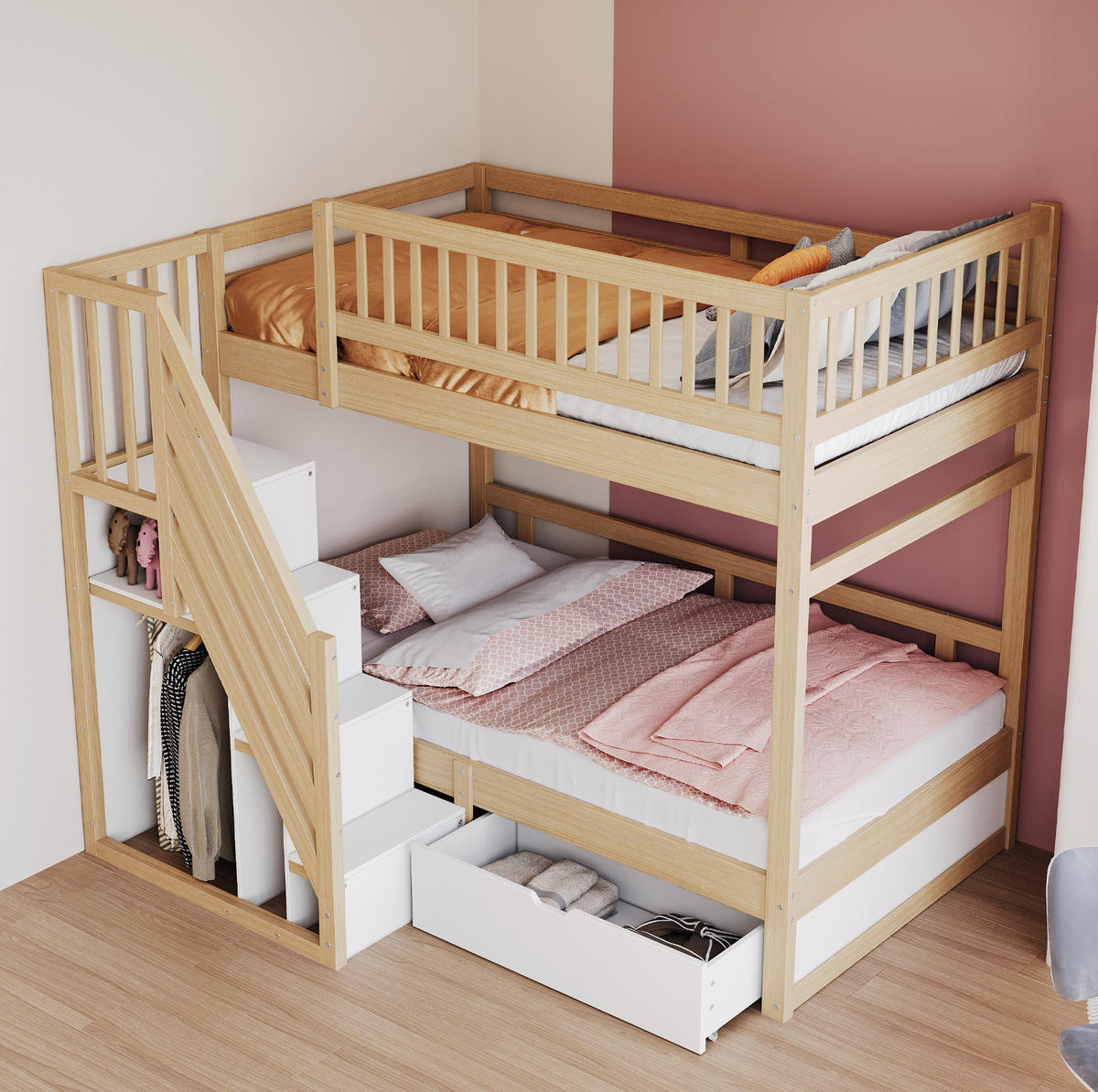 ETAGENBETT mit Stauraum 90x200 cm Massivholz Weiß und Naturholz - Wengefarben, Holzwerkstoff (90/200cm) - Beauniv