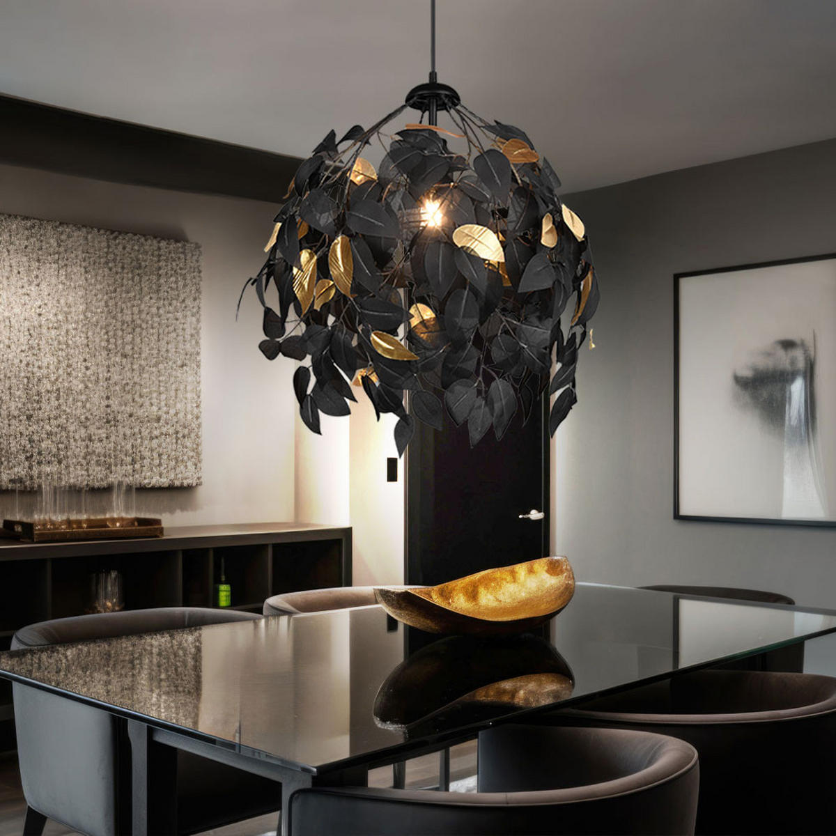 HÄNGELEUCHTE Blattdesign Metall Schwarz matt - Schwarz, Metall (38/38/150cm)