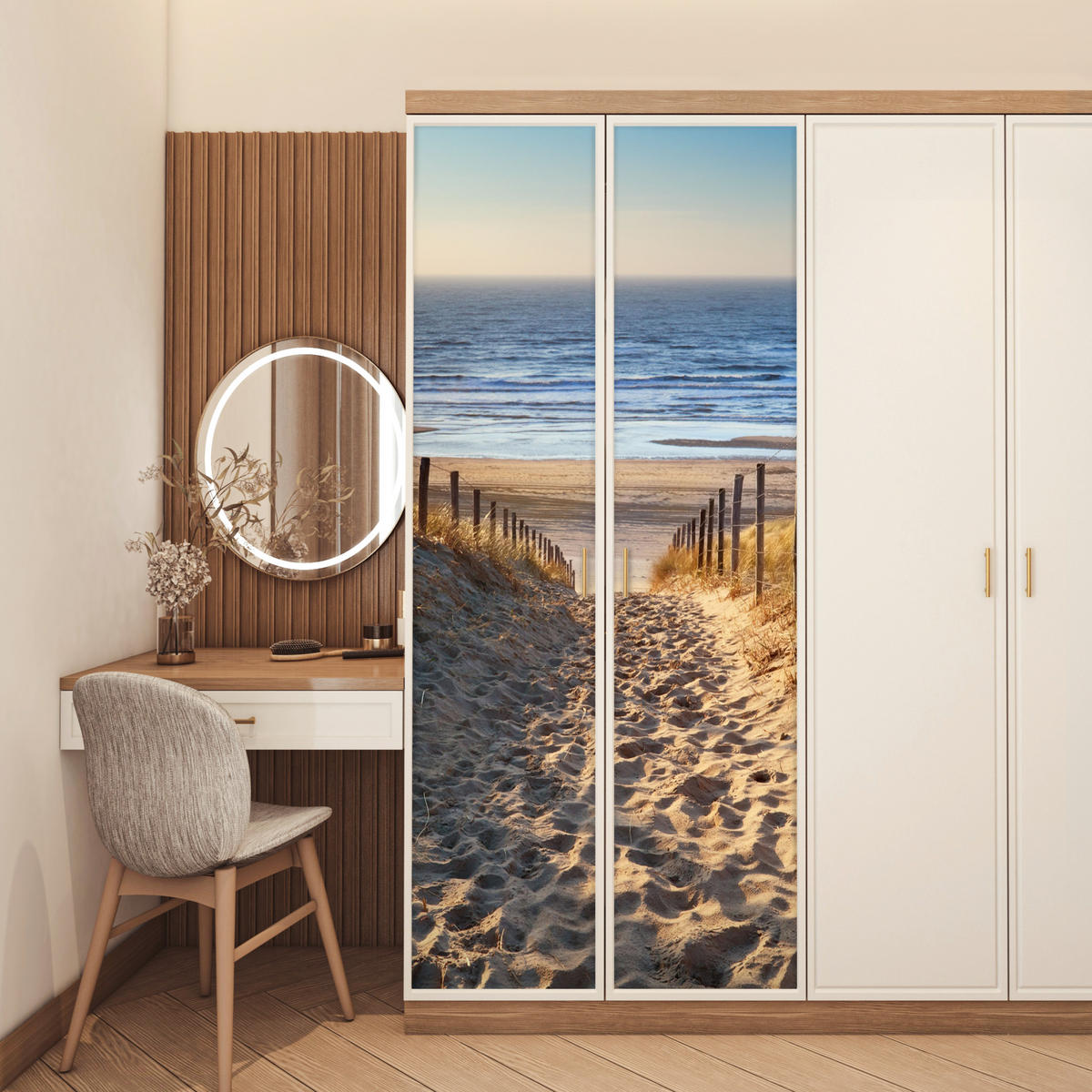 FOTOTAPETE Tür - Strand - Meer - Niederlande - Dünen - Sonne 90x205 cm - Blau, Kunststoff (90/0.1cm) - MuchoWow