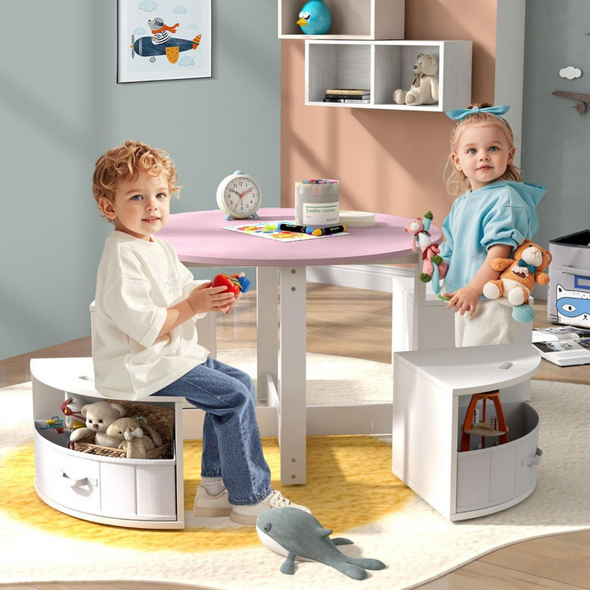KINDERTISCHE mit Stühlen rosa(5-tlg) - Pink, Holzwerkstoff (79/51/79cm) - COSTWAY