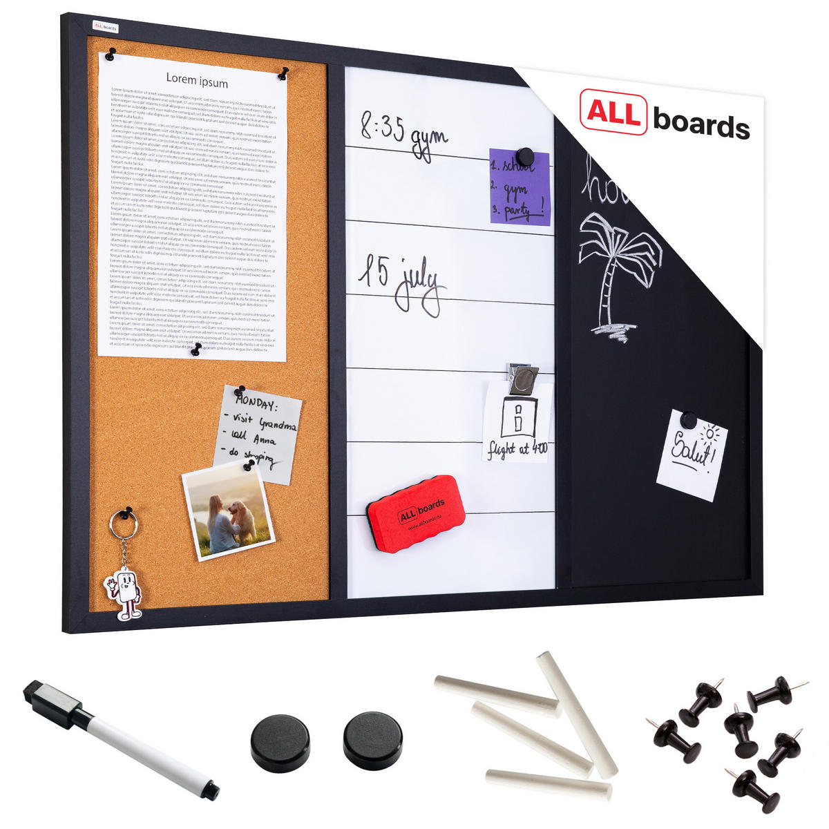 3-IN-1-KOMBITAFEL: Whiteboard, Kreidetafel magneitsch, Kork 90x60 cm - Multicolor, Holz (90/60/1.8cm) - ALLboards