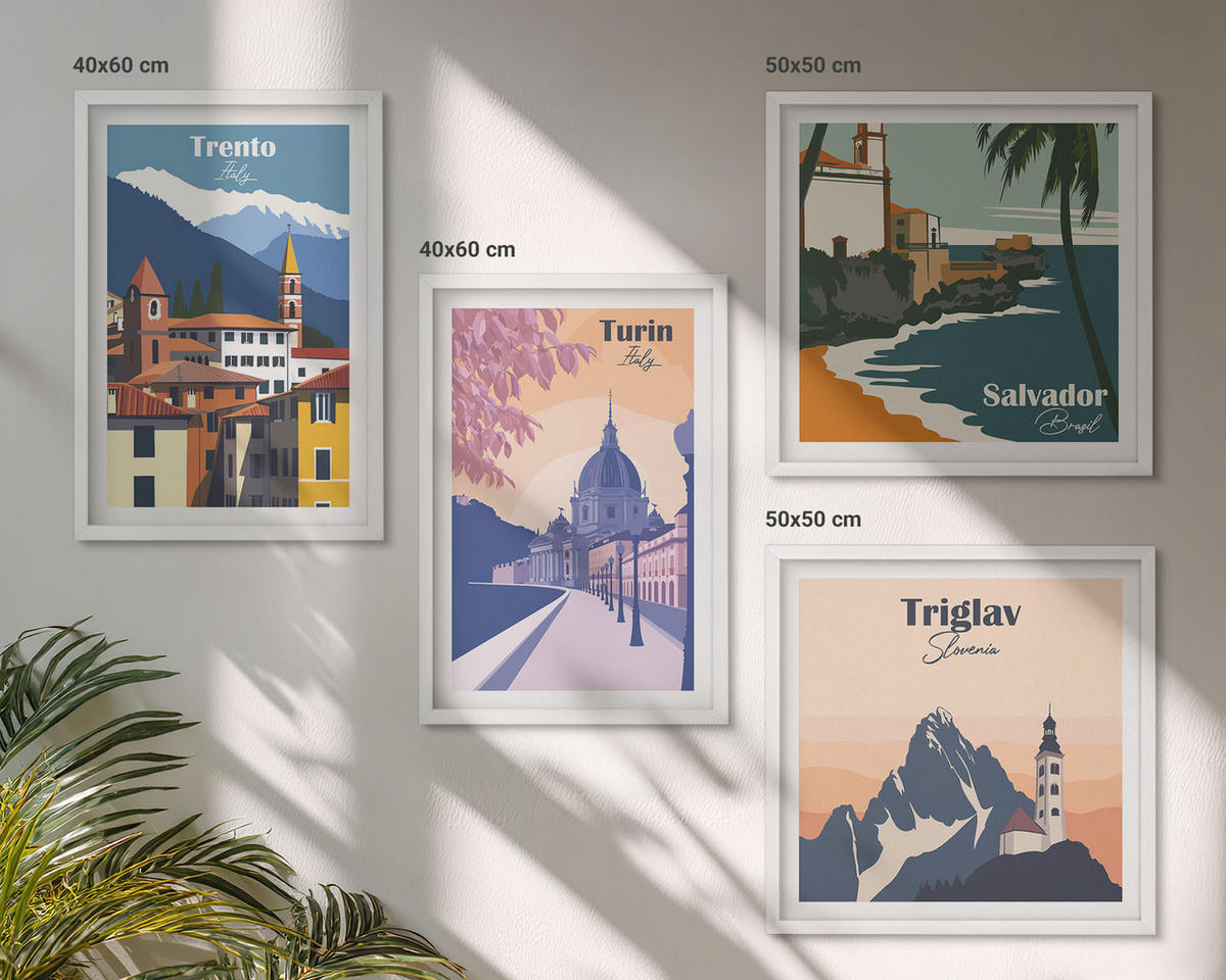 BILDER SET 4er Set - 50x50 cm & 40x60 cm Weißer Rahmen - Illustrationen zur Retro-Architektur der Berge - Weiß, Kunststoff (50/50cm) - TULUP