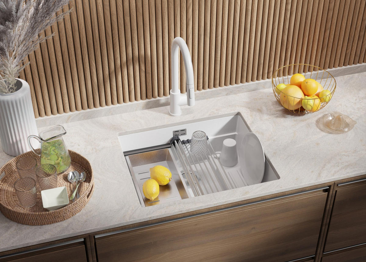 UNTERBAUSPÜLE GRANIT Praga, 2-er set Weiß 56/47 cm 1 Becken + Ablauf-Set + Aufrollbare Abtropffläche ab 60er Unterschrank - Chromfarben/Weiß, Kunststoff (56/20/47cm) - Primagran