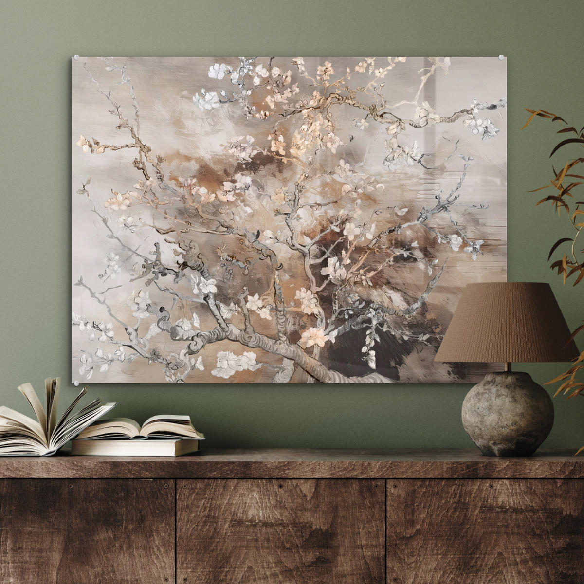 ACRYLGLASBILD Mandelblüte - Kunst - Van Gogh - Beige - Abstrakt 80x60 cm - Braun, Glas (80/60cm) - MuchoWow