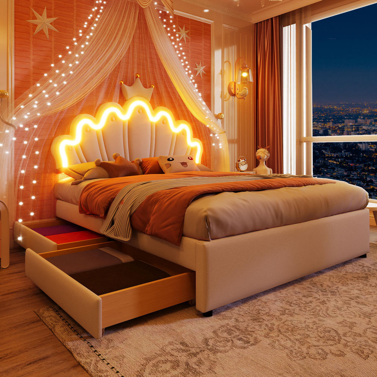 KINDERBETT 140/200 cm Weiß mit Ambientelicht und 2 Schubladen - Weiß, Leder (140/200cm) - OKWISH