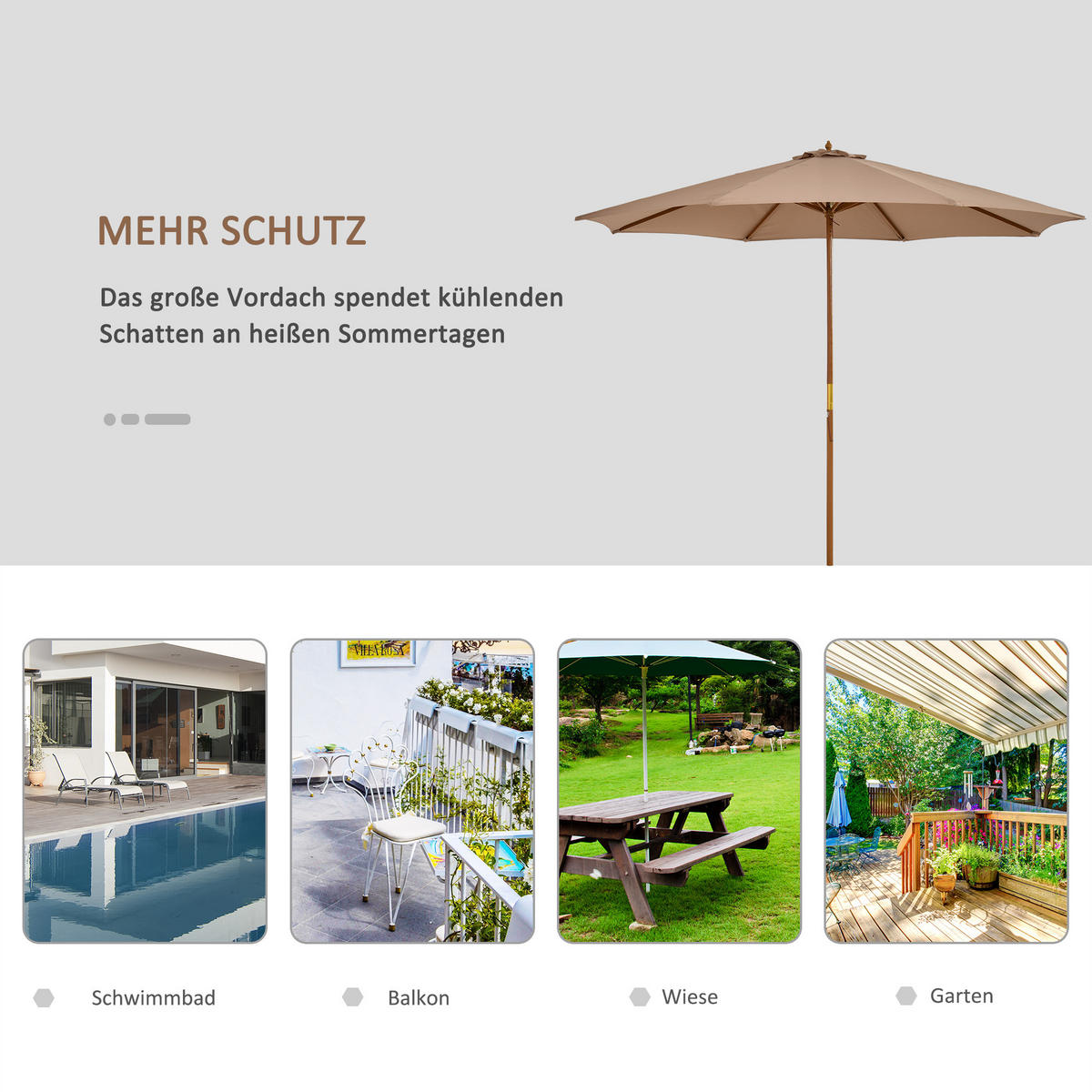 SONNENSCHIRM, Bambus, Polyester, Khaki - Braun, Naturmaterialien/Holz (300/300cm) - Outsunny