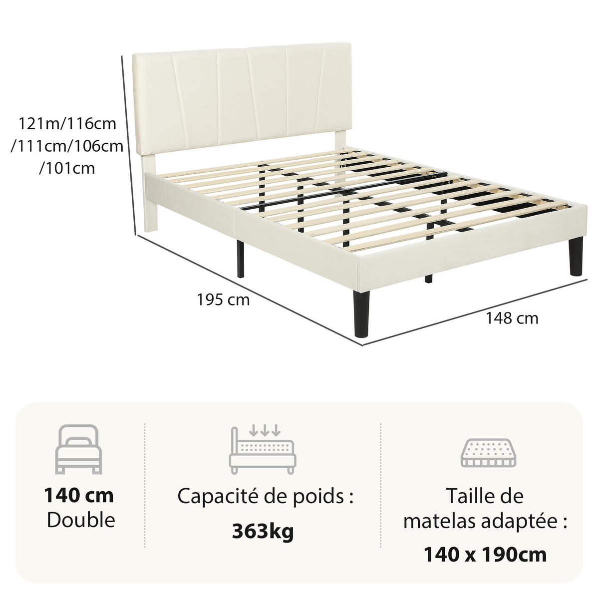 BETT 140x190 cm DE-14640 mit verstellbarem Kopfteil Creme - Creme, Metall (140/190cm) - ComfortXL