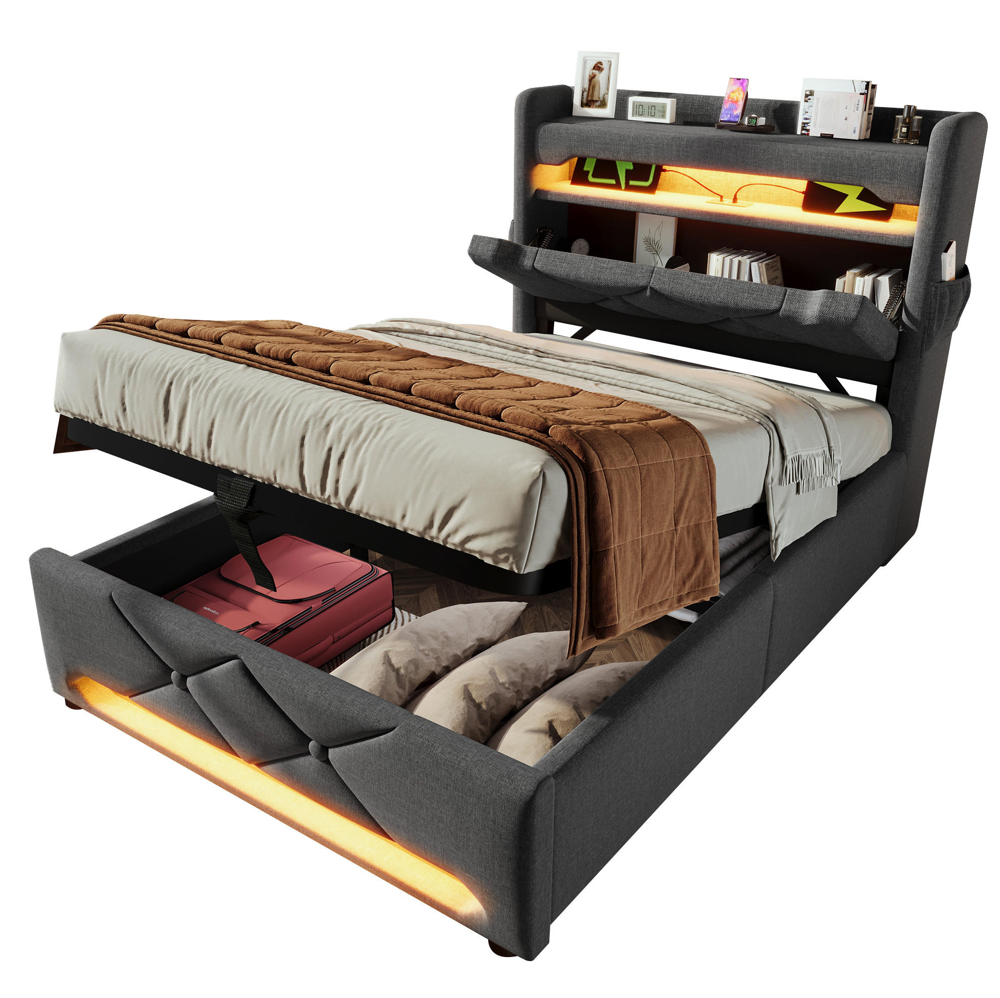 POLSTERBETT 90/200 cm Grau mit Stauraum und USB-Anschlüssen Mit Matratze - Grau, Textil (90/200cm) - OKWISH