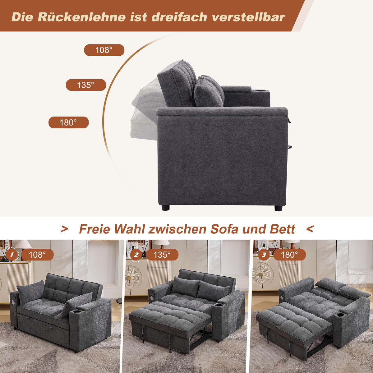 SCHLAFSOFA Stoff 3-in-1 mit USB-Anschluss, ausziehbar 140,5/74/82 cm (bis 161 cm), Grau - Grau, Textil (140.5/82/74cm) - Redom