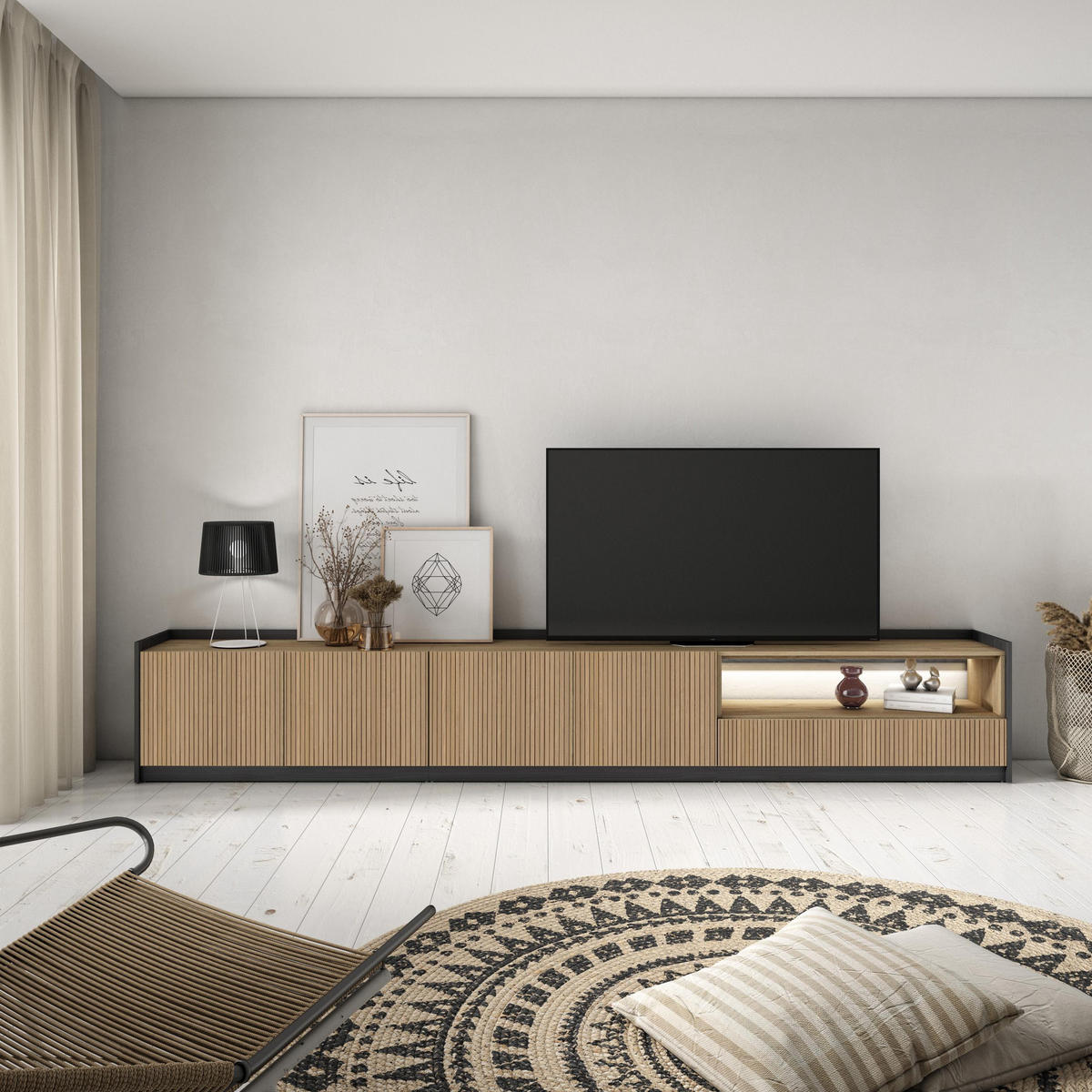 LOWBOARD, Eiche und Schwarz, 310/37/50cm, Led - Eichefarben, Holzwerkstoff (310/50/37cm) - Skraut Home