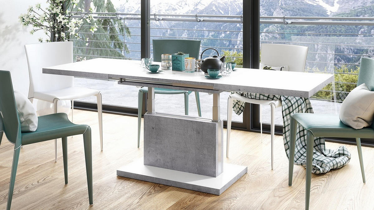 COUCHTISCH rechteckig Weiß matt Beton ausziehbar höhenverstellbar - Hellgrau/Weiß, Holzwerkstoff (70/120/56cm) - designimpex