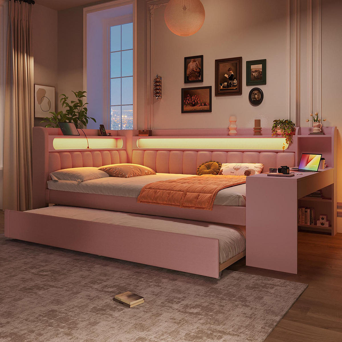 POLSTERBETT 140x200 cm mit Ausziehbett, Rosa - Pink, Holz (140/200cm) - KOMHTOM