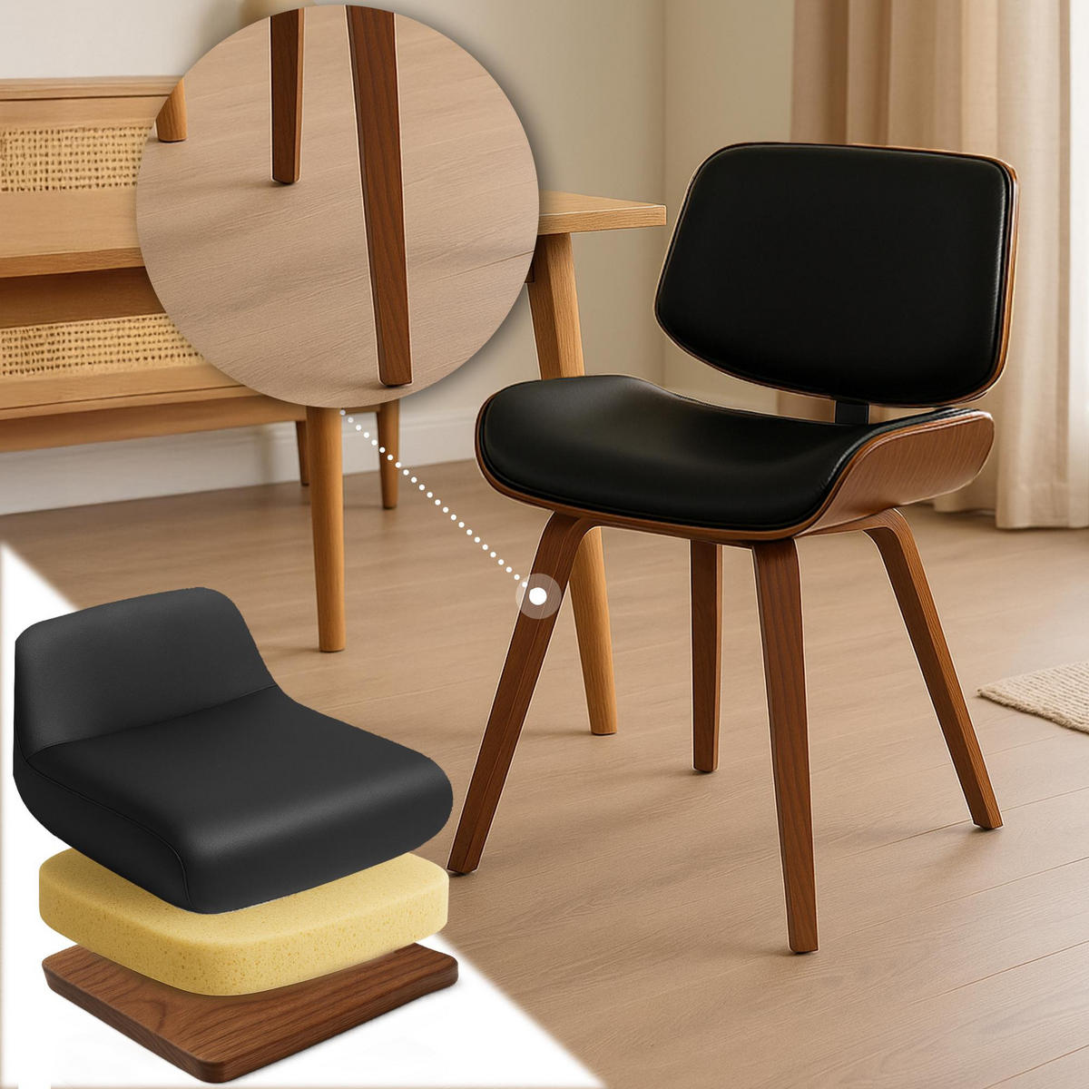 BESUCHERSTUHL Lederlook Walnuss/Schwarz - Walnussfarben/Schwarz, Holz/Textil (55/80/41cm) - CLP