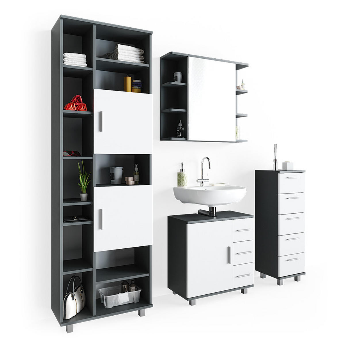 BADMÖBEL-SET Ilias Anthrazit 4 Teile - Anthrazit/Weiß, Holzwerkstoff (60/60/33cm) - Vicco
