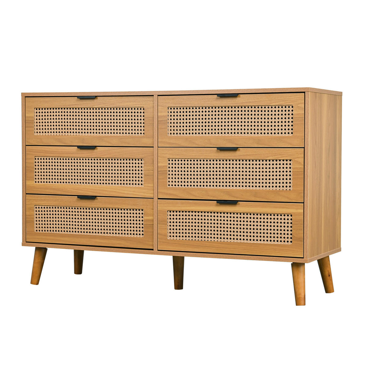 KOMMODE, 6 Schubladen, mit Retro-Rattan-Optik und Metallgriffen, 120x40x76,5 cm, Walnussfarben - Walnussfarben, Holzwerkstoff (40/76.5/120cm) - Modfu
