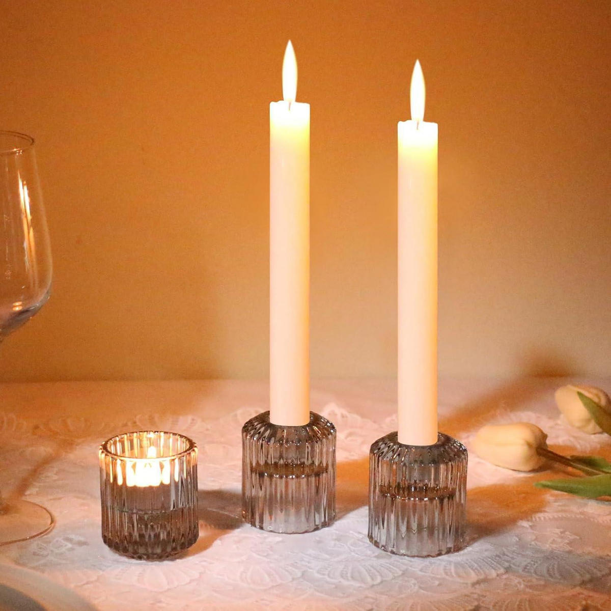 KERZENHALTER 3-teiliges Set Glas Grau - Grau, Glas (5/5/6cm)