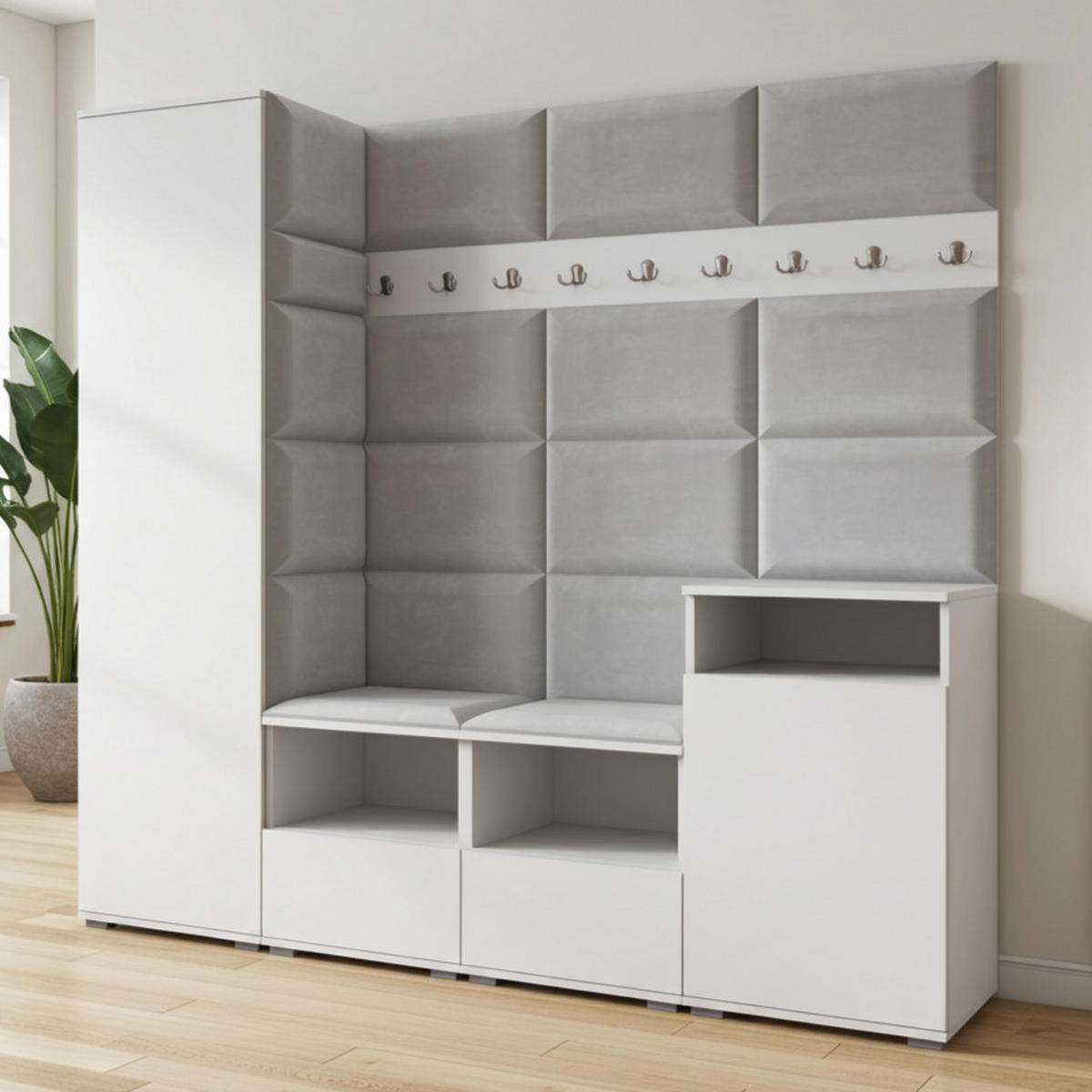 GARDEROBE NELA X 200 cm (Modulare Flurmöbel Weiß mit Sitzpolster Hellgrau 32 Schrank + Sideboard) - Silberfarben/Hellgrau, Holz/Holzwerkstoff (200/187/40cm) - Ravio