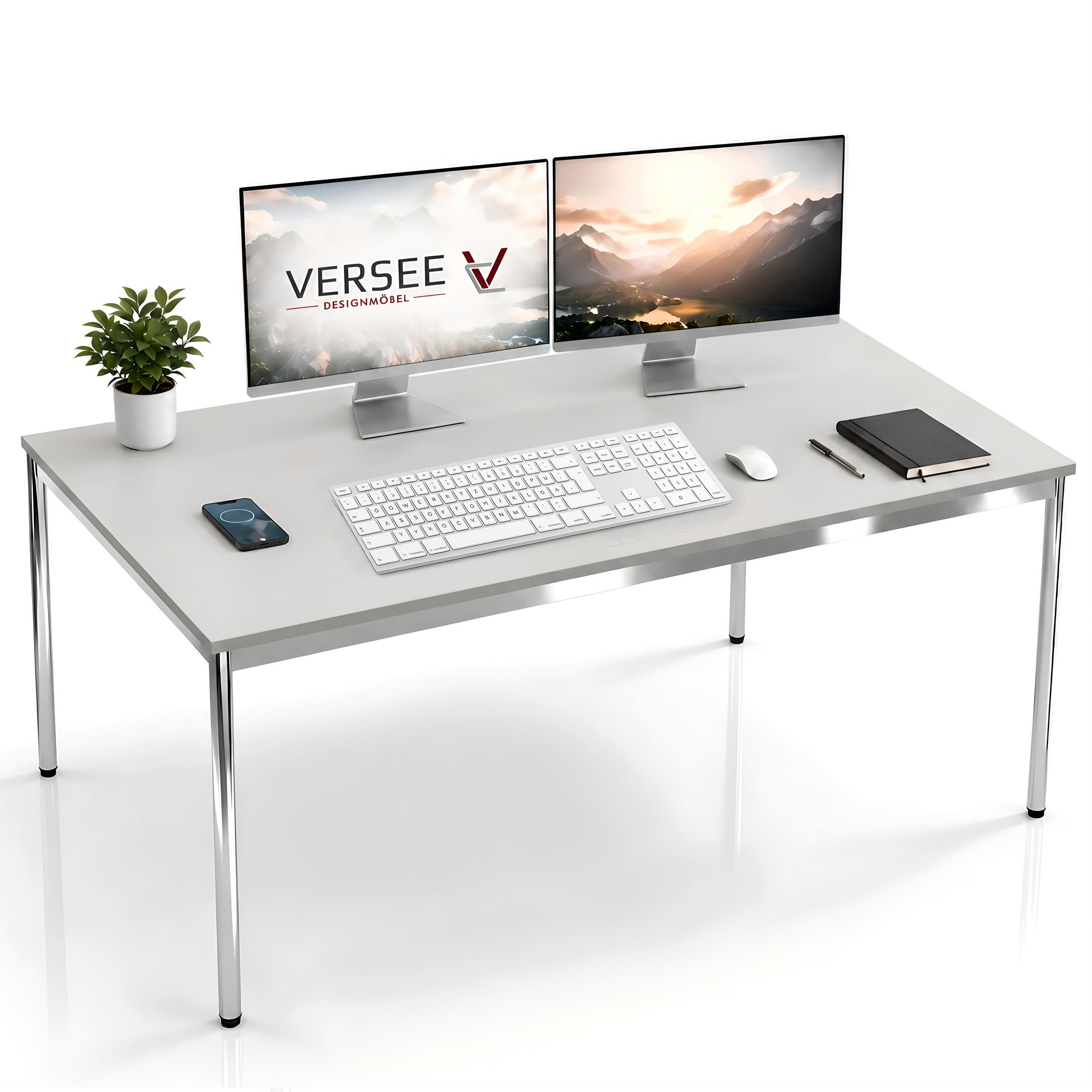 SCHREIBTISCH VST1 160 x 90 cm Lichtgrau – höhenverstellbar - Chromfarben/Grau, Holzwerkstoff (160/90/75.5cm) - Versee