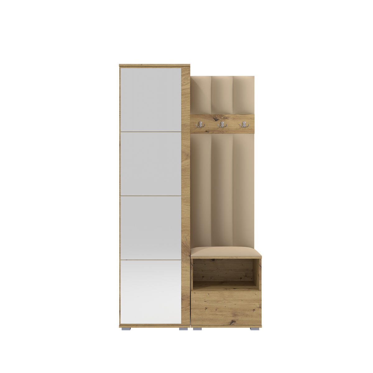GEPOLSTERT Garderoben-Set Nela I LUX (Spiegel – Farbe Eiche Artisan + Stoff Trinity 04) - Beige/Silberfarben, Holz/Holzwerkstoff (100/187/40cm) - Ravio