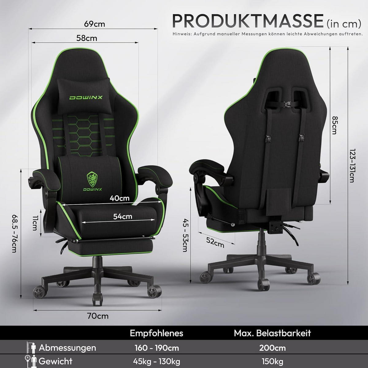 GAMING Stuhl Schwarz & Grün Übergröße mit Fußstütze - Multicolor, Textil (63/26.5/84cm)