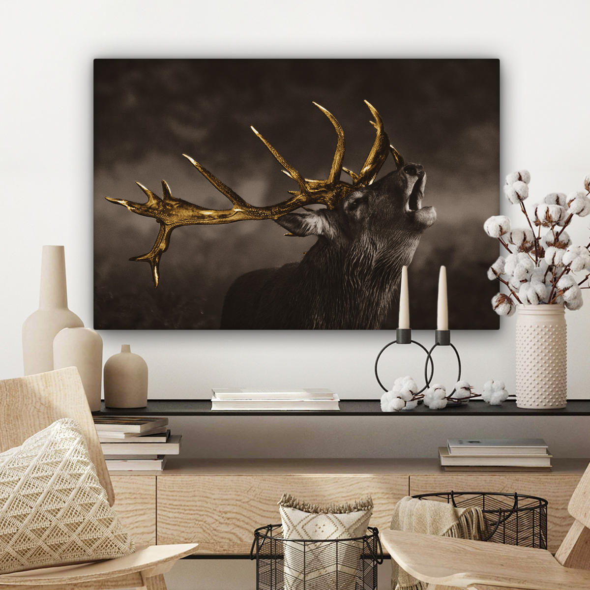 LEINWANDBILD Rotwild - Schwarz - Gold Gemälde 60x40 cm - Braun, Textil (60/40cm) - MuchoWow