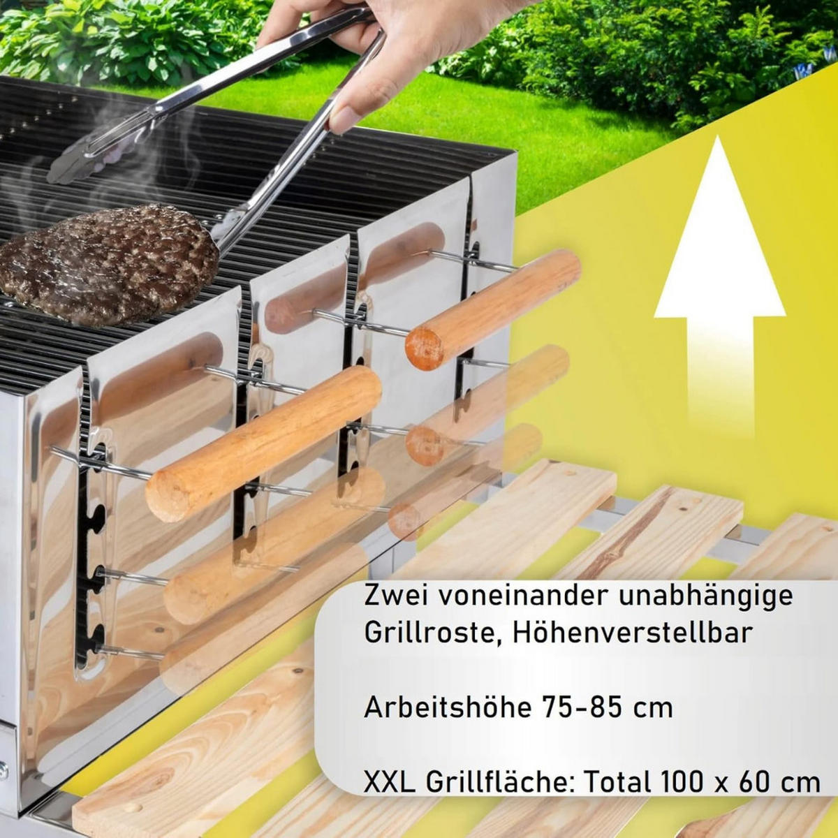 GRILLWAGEN Edelstahl 145 cm Holzkohlegrill mit Ablageflächen und Grillrost - Silberfarben/Schwarz, Holz/Metall (60/90/145cm) - Resch