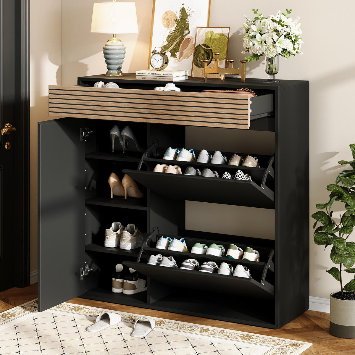 SCHUHSCHRANK 100×35×105cm Schwarz Naturholz mit 2 Klappen - Schwarz/Naturfarben, Holzwerkstoff (100/105/35cm) - FLIEKS