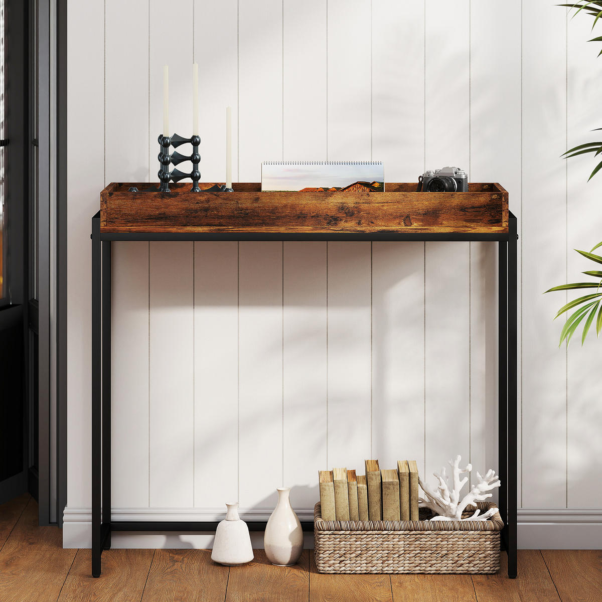 KONSOLENTISCH mit Geländer, Braun - Schwarz/Braun, Metall (100/30/91cm) - HOMCOM