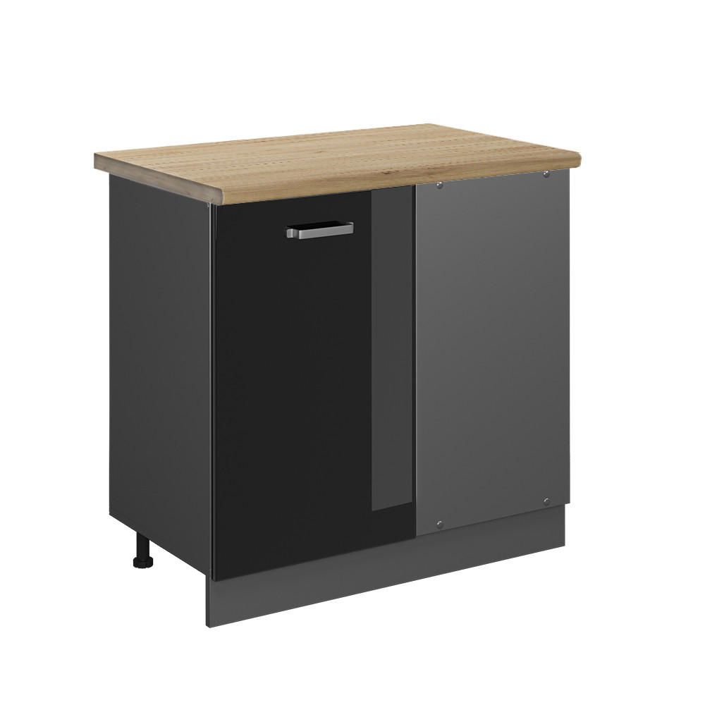ECKUNTERSCHRANK R-Line Schwarz Hochglanz 86 cm, AP Eiche - Schwarz Hochglanz/Anthrazit, Holzwerkstoff (86/81.6/60cm) - Vicco