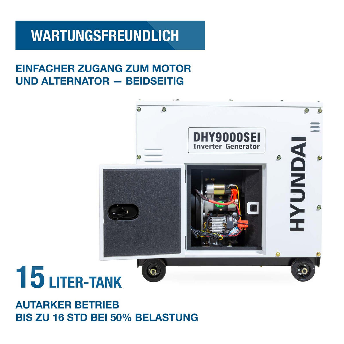 DIESEL Inverter Generator DHY9000SEi – 6,5 kW E-START, ATS-Anschluss, SINUS-Strom - Weiß, Metall (80/52.5/74cm) - HYUNDAI