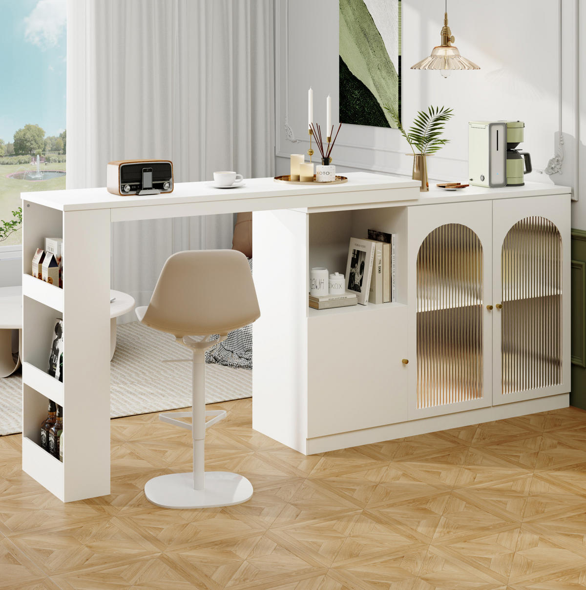 BARTISCH mit Stauraum 120/40/97 cm drehbar in Weiß mit Glastür - Weiß, Holzwerkstoff (120/40/103cm) - BEAOK