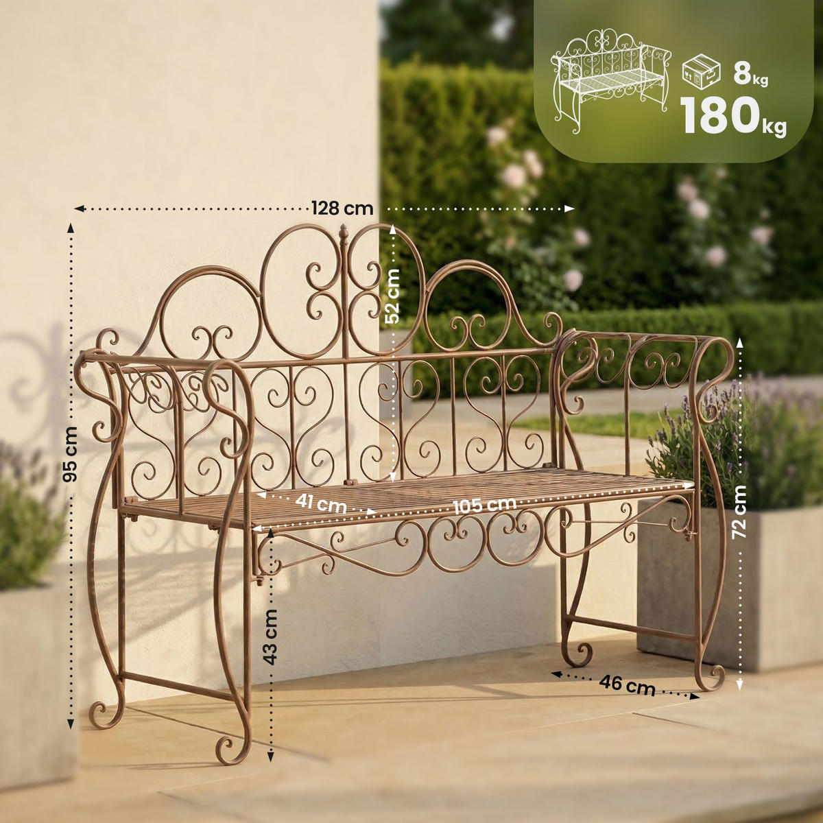 GARTENBANK 128/46 cm Metall Antik Braun - Braun, Metall (128/94/46cm) - CLP