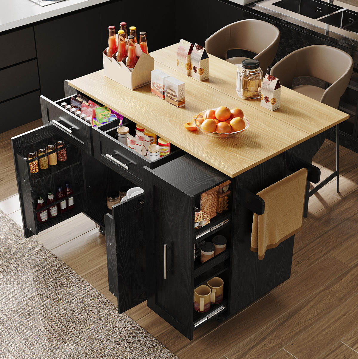 KÜCHENINSEL 110/46/90,5 cm Schwarz aus MDF und Metall mit klappbarer Tischplatte - Schwarz, Holzwerkstoff (74/90.5/110cm) - OKMYHOME