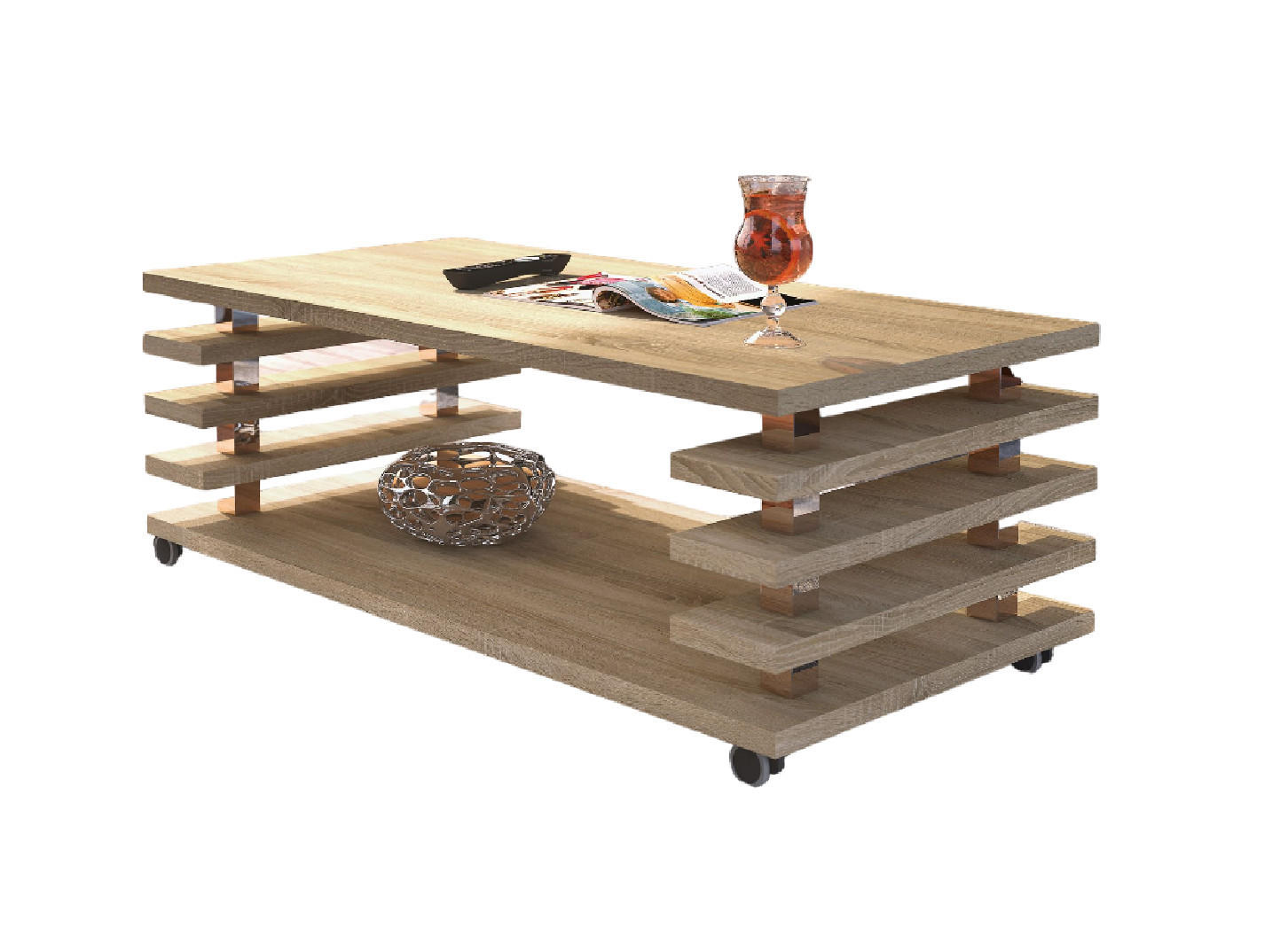 COUCHTISCH rechteckig Sonoma Eiche Ablage Rollen - Sonoma Eiche, Holzwerkstoff (60/120/45cm) - designimpex