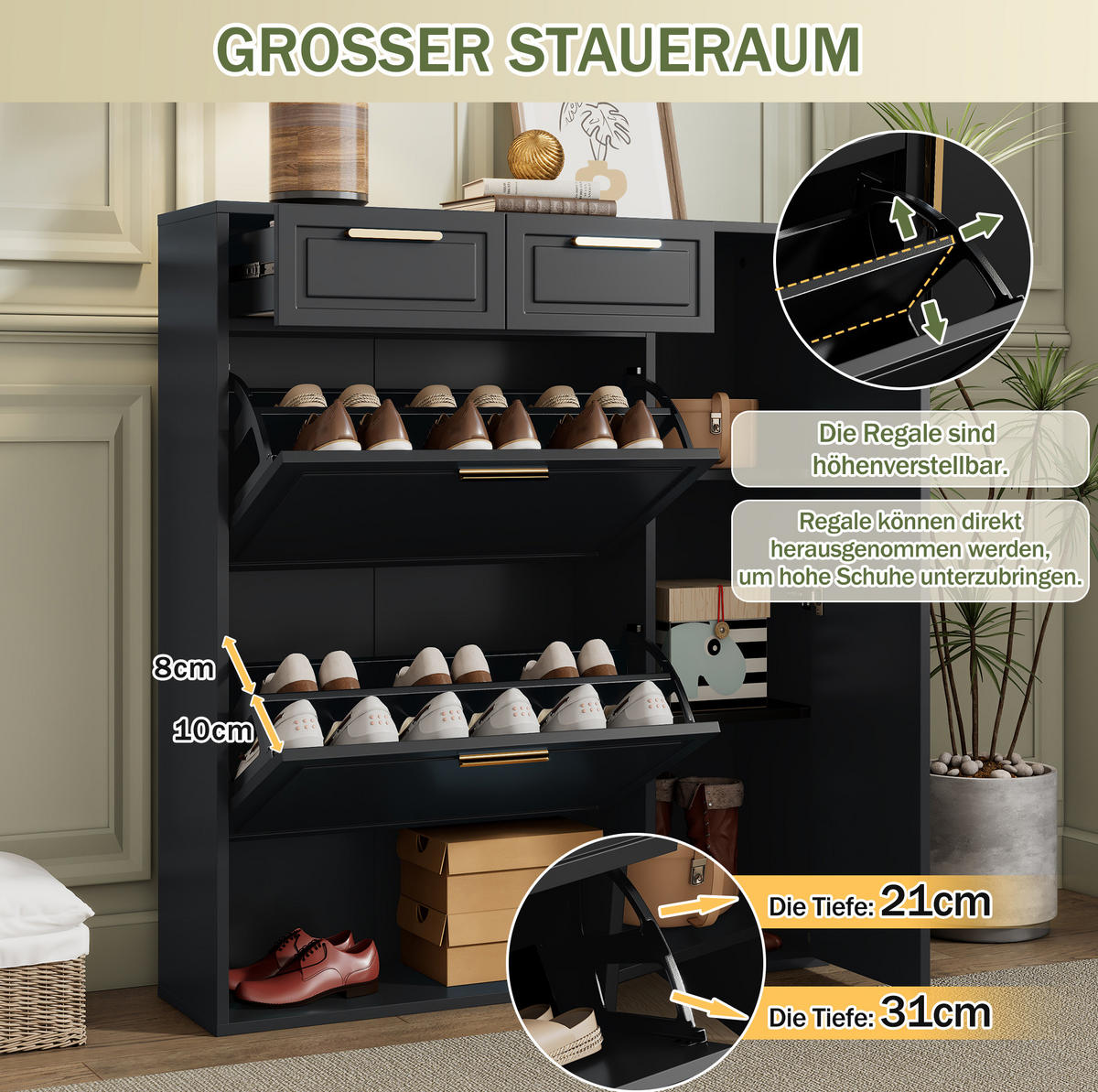 SCHUHSCHRANK 95/24/107 cm in Schwarz mit Schubladen und verstellbaren Regalen - Schwarz, Holzwerkstoff (95/107/24cm) - Flora Grace