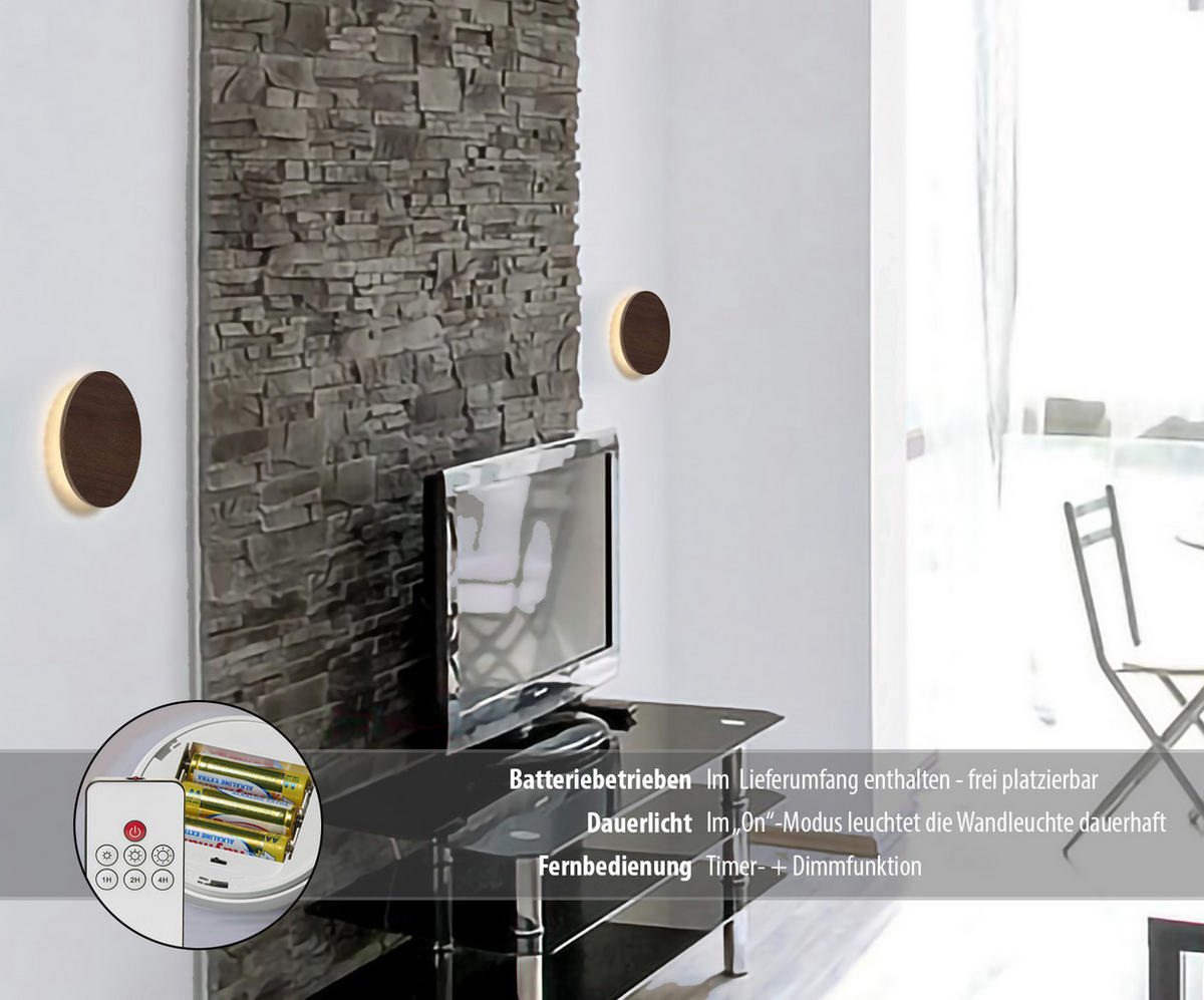 LED-BATTERIE Wandleuchte Indirektes Licht Echtholz Fernbedienung mit Timer Walnussholz - Braun, Holz (3.7/15/15cm) - Northpoint