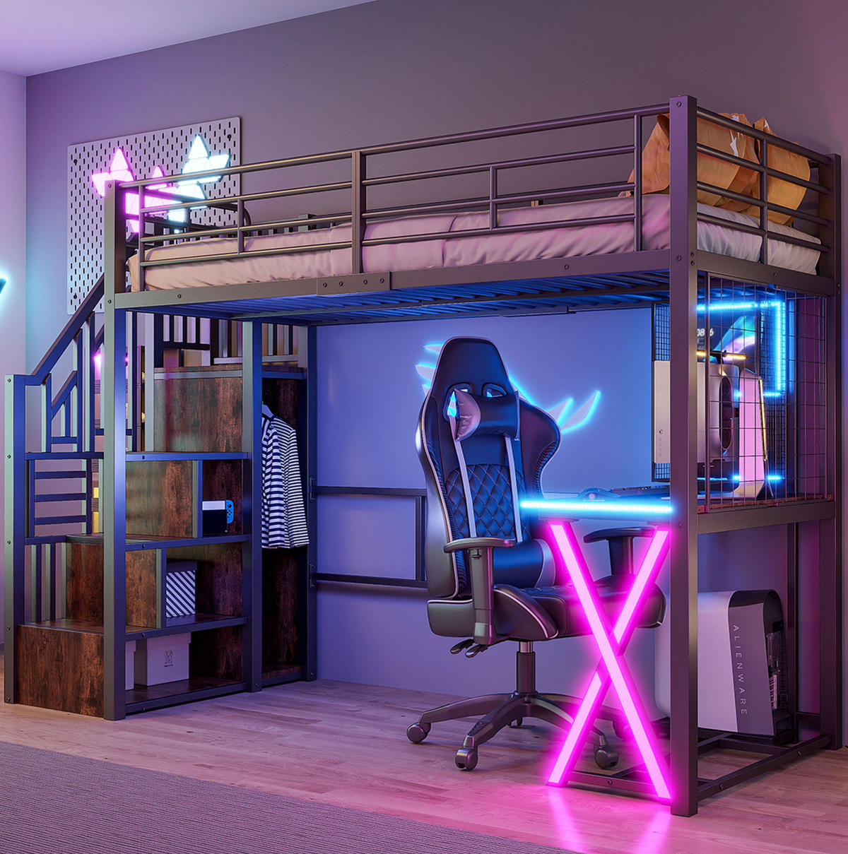 HOCHBETT 90/200 cm mit LED-Ambientelicht, Ablageleiter, Schreibtisch, Kleiderschrank und Regalen, Schwarz - Schwarz, Holzwerkstoff (90/200cm) - Redom