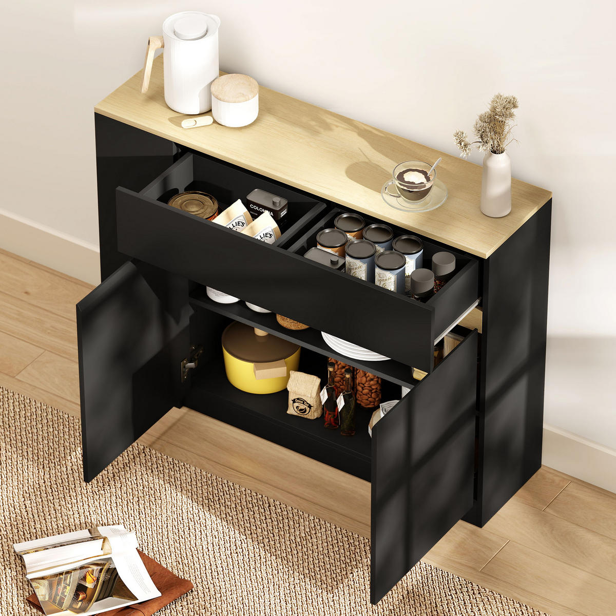 SIDEBOARD DE-11197 2 Schubladen, 3 offene Fächer Schwarz - Schwarz, Holzwerkstoff (110/82/29.5cm) - ComfortXL