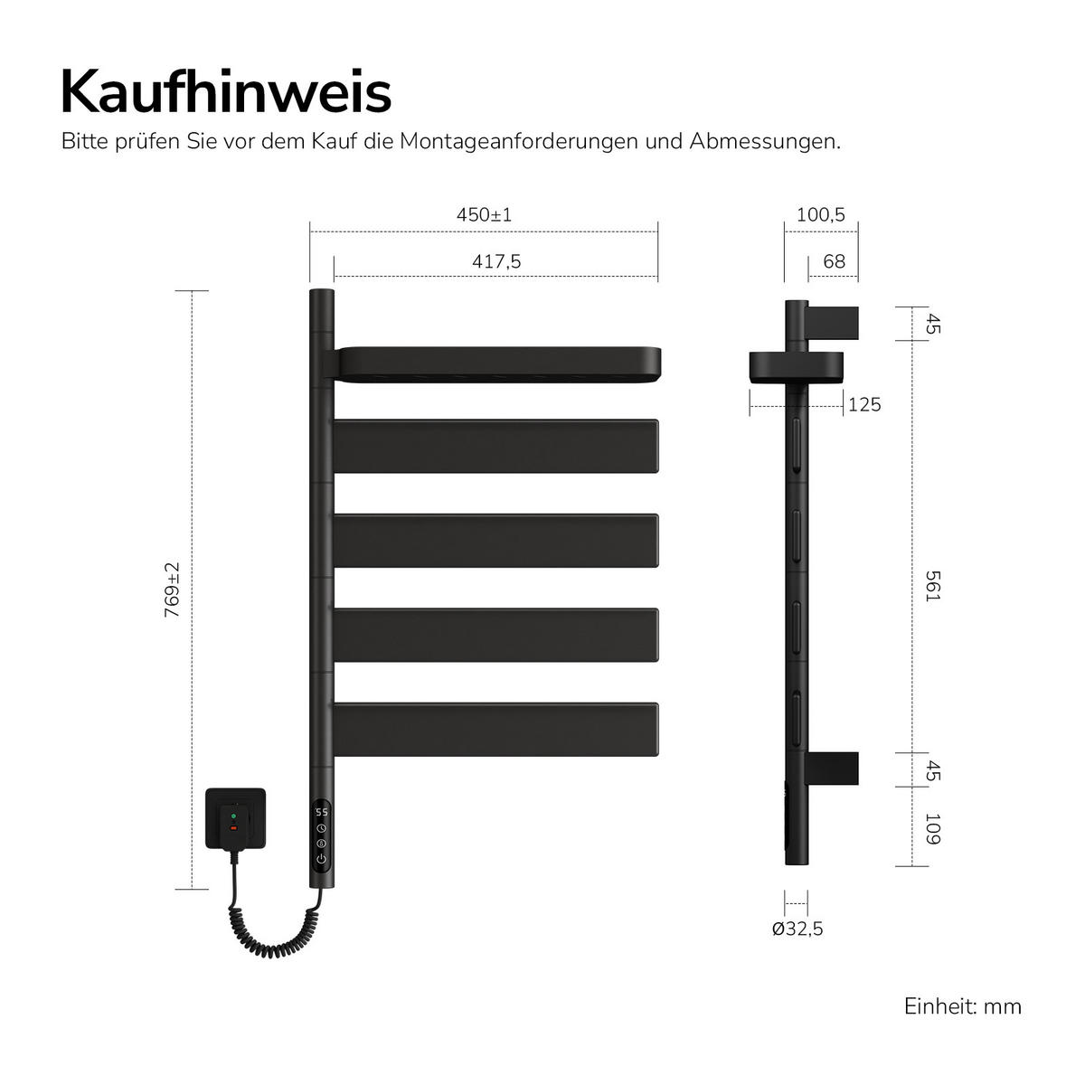 HEIZKÖRPER Handtuchheizkörper Intelligentes Heizsystem mit Ablage Schwarz 76/45 cm - Schwarz, Metall (45/76/14cm) - EMKE