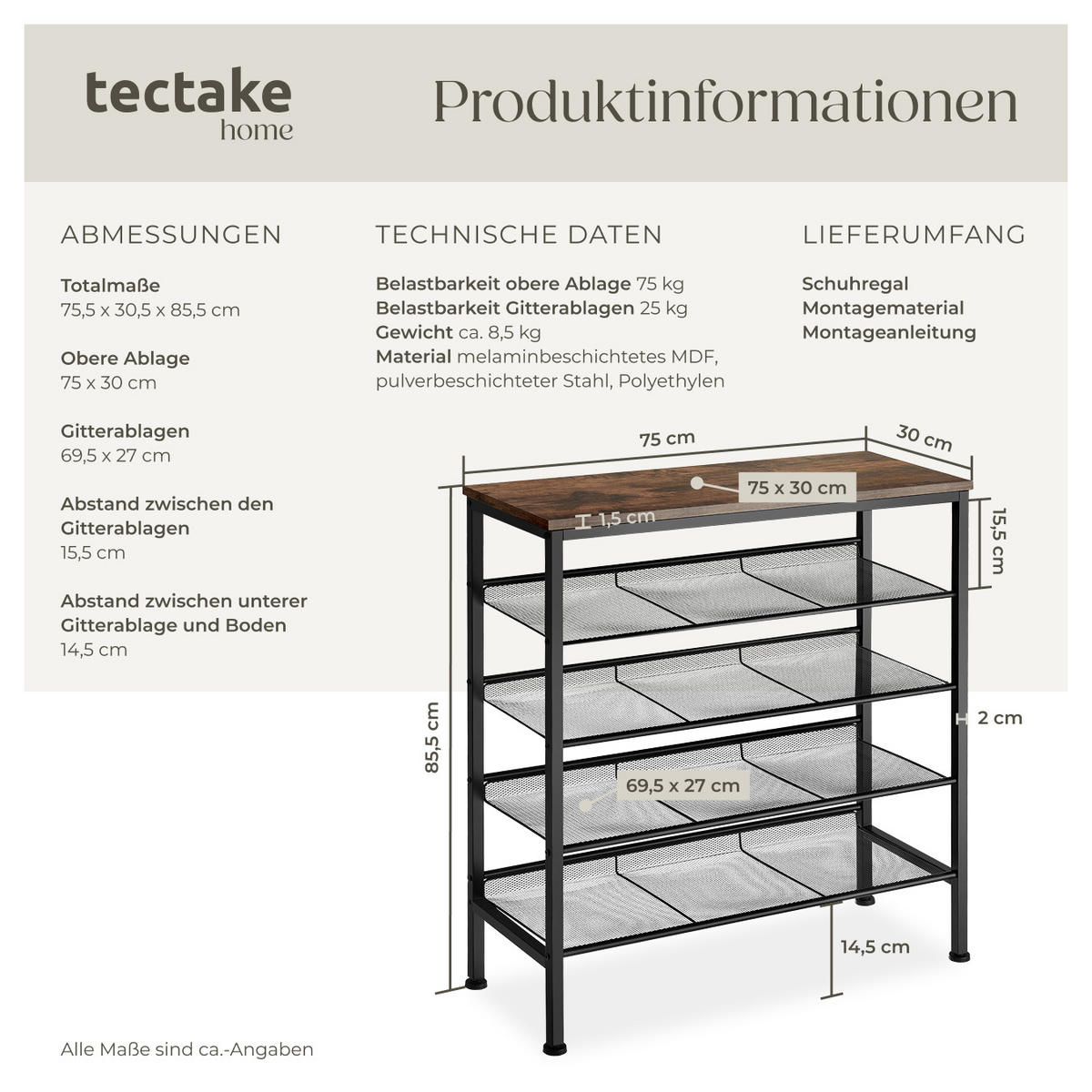 SCHUHREGAL Bournemouth,75,5 x 30,5 x 85,5 cm,Industrial Holz dunkel, rustikal - Rostfarben, Holz (30.5/85.5/75.5cm) - tectake