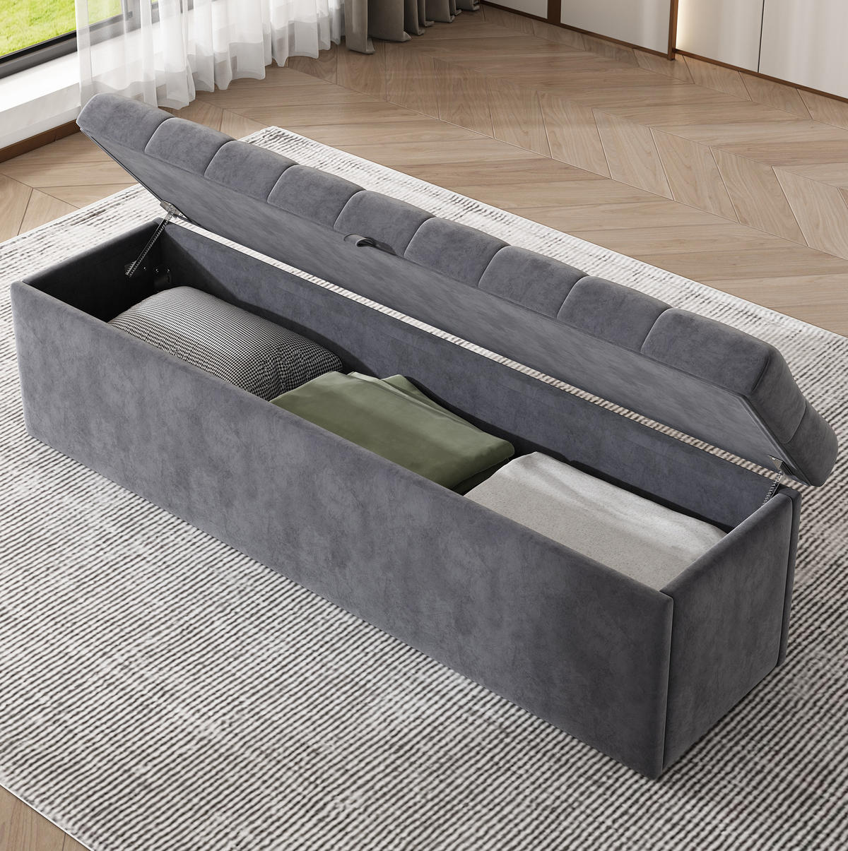 POLSTERBANK 138/41/42 cm mit Stauraum und Samtbezug, Grau - Grau, Textil - Redom