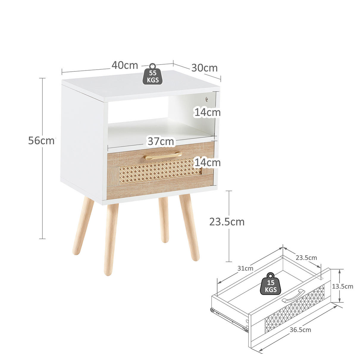 NACHTTISCH 40/55/30 cm Weiß/Natur aus MDF mit Schublade - Hellbraun, Holzwerkstoff (40/55/30cm) - OKMYHOME