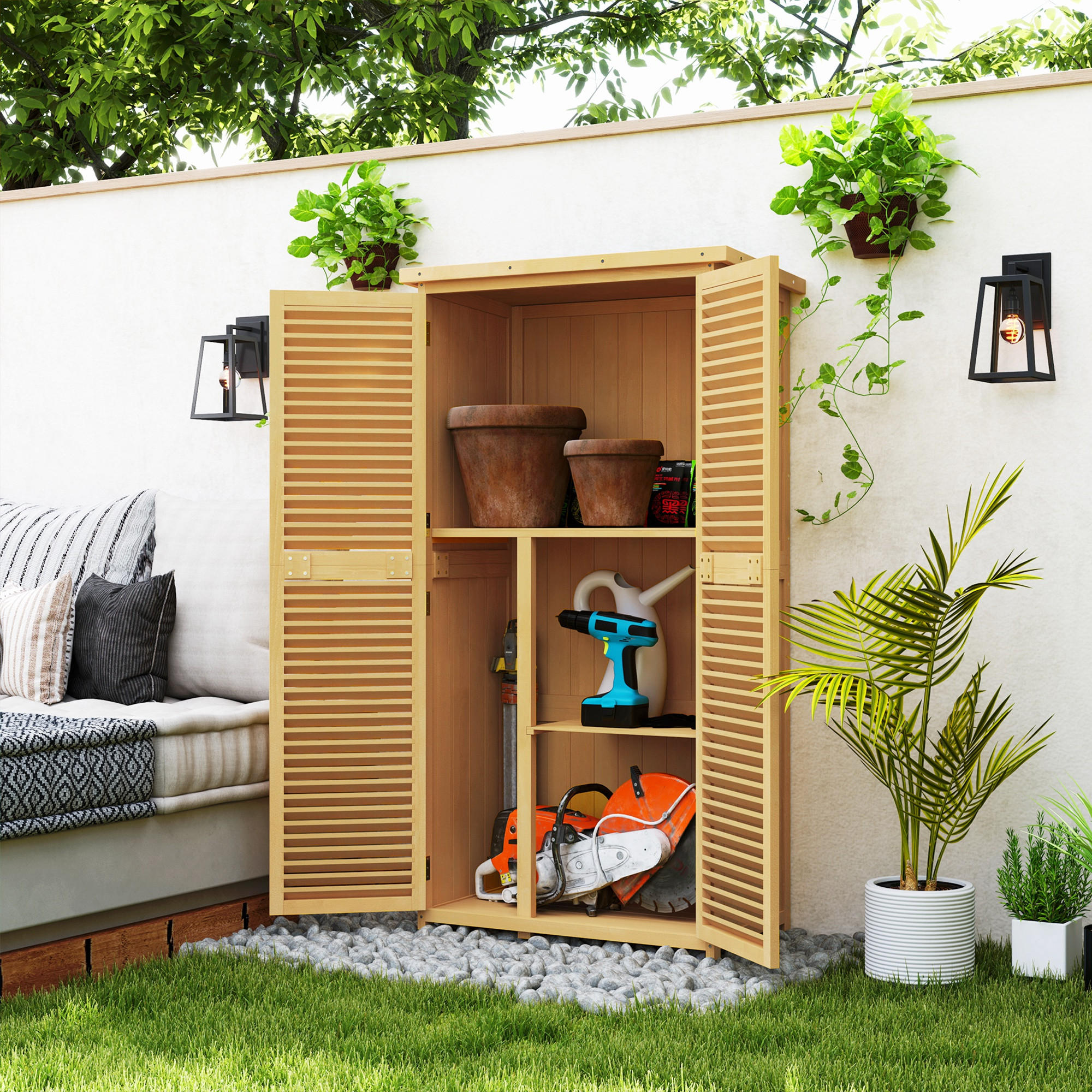 GARTENSCHRANK, Kiefernholz, Gelb - Gelb, Holz (46.5/160/87cm) - Outsunny