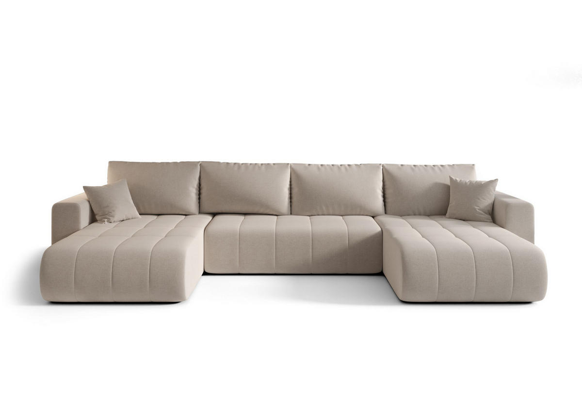 WOHNLANDSCHAFT LARA U-Form hellbeige Strickstoff Wind 5 - Schlaffunktion, Bettkasten - Weiß, Textil (385/85/175cm) - Cornero