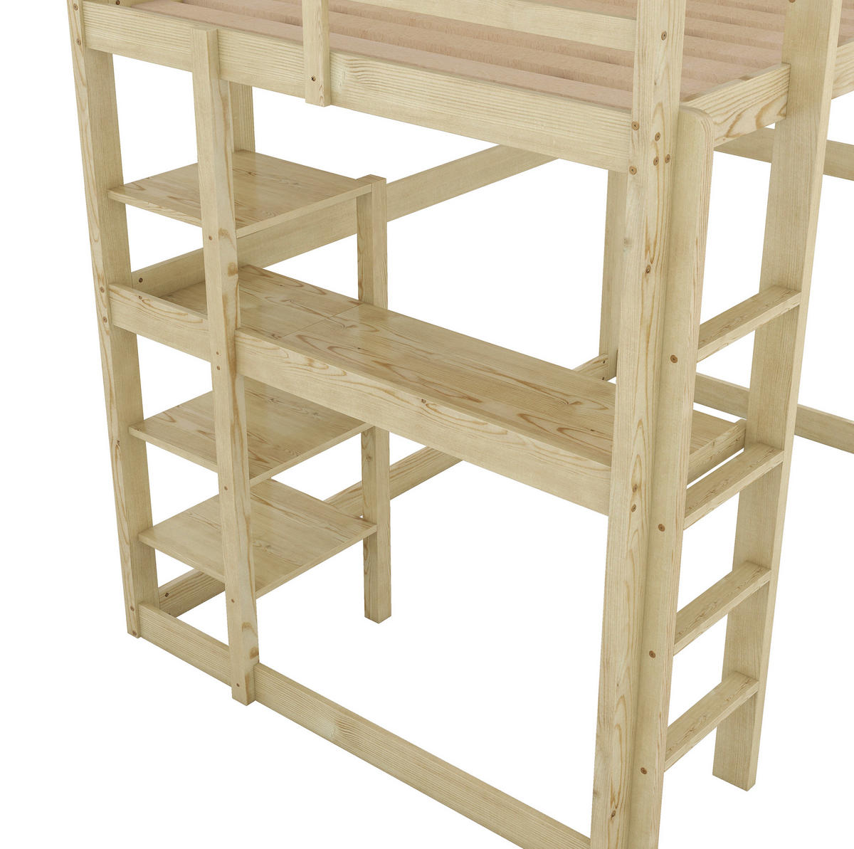 HOCHBETT aus Kiefernholz und MDF 140x200 cm Natur mit Schreibtisch und 4 Ablagefächern, platzsparend - Naturfarben, Holzwerkstoff (140/200cm) - Modfu
